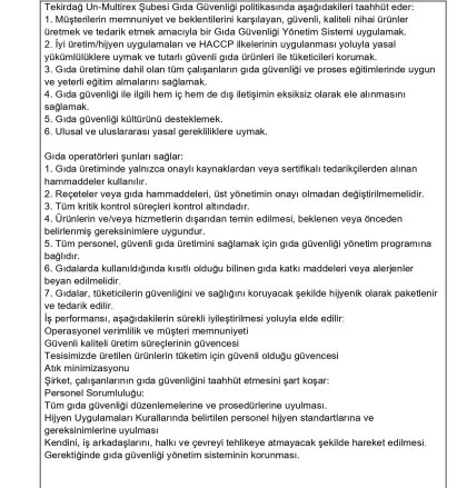 Multirex Gıda Güvenliği